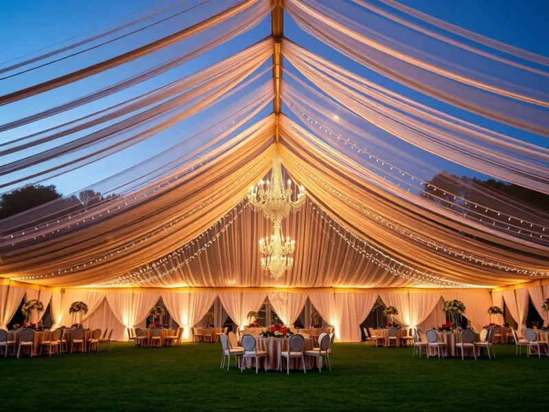 A grand clear-span wedding marquee on an open lawn with draped ceiling, chandeliers and round tables