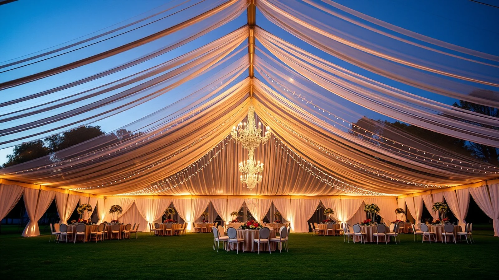A grand clear-span wedding marquee on an open lawn with draped ceiling, chandeliers and round tables