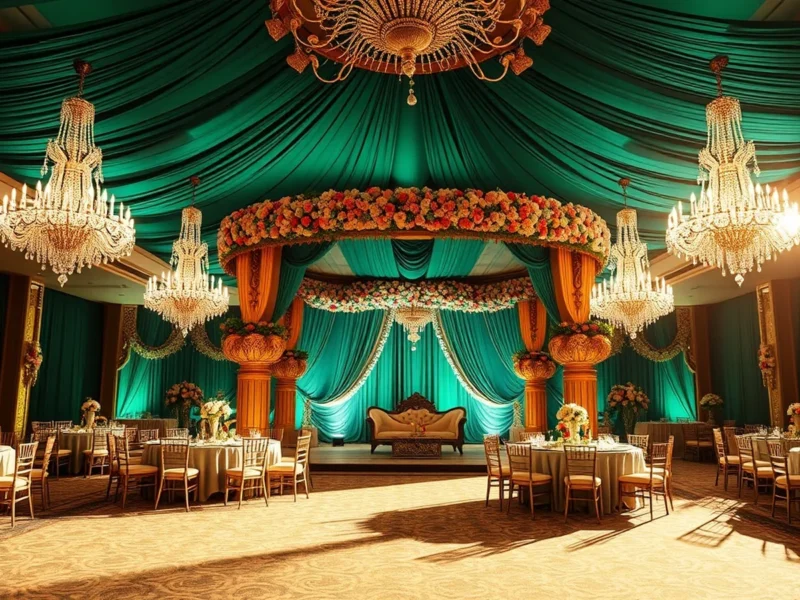 Opulent Indian wedding venue styled in a jewel-tone theme with emerald and gold florals and a grand mandap