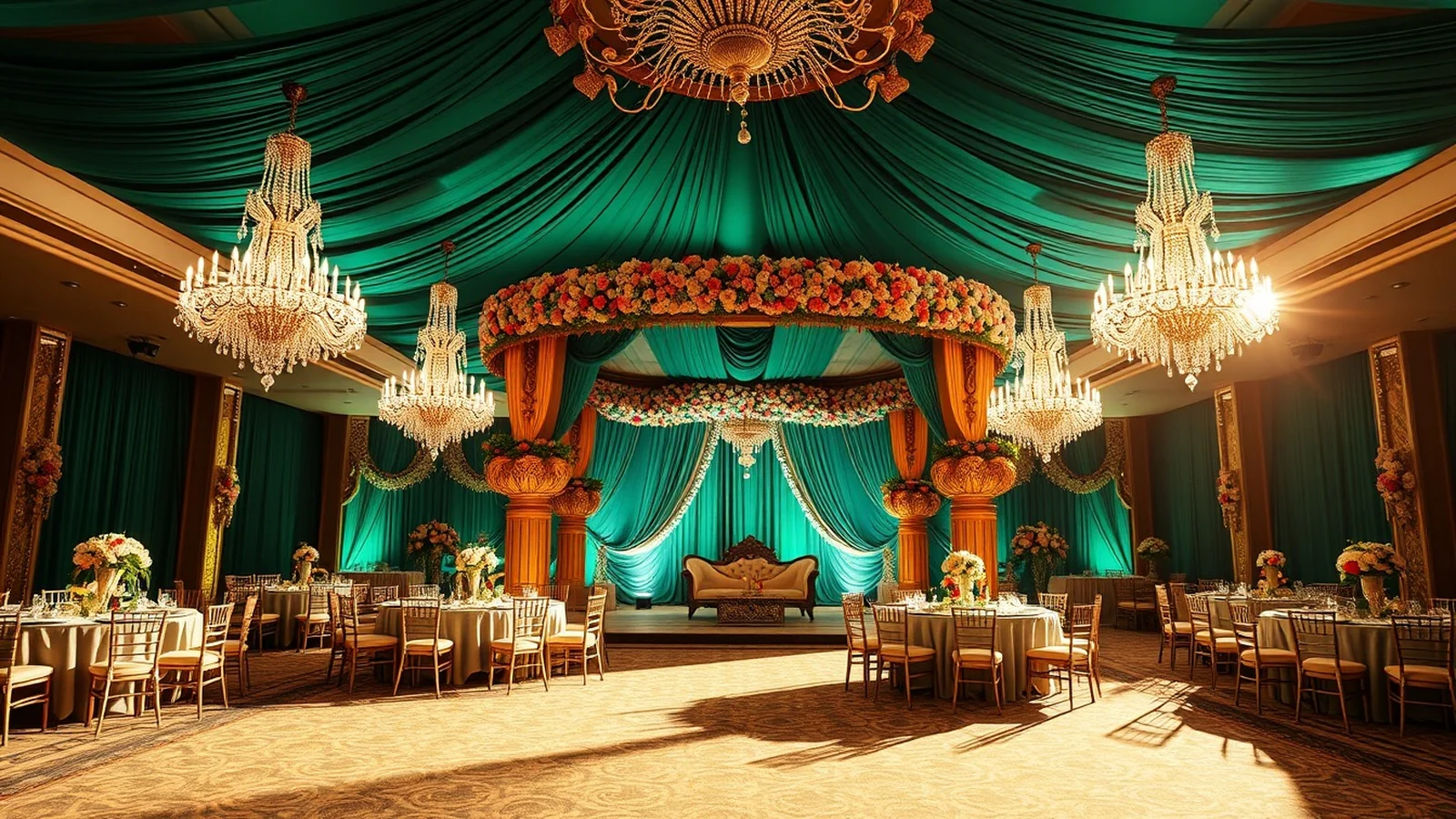 Opulent Indian wedding venue styled in a jewel-tone theme with emerald and gold florals and a grand mandap