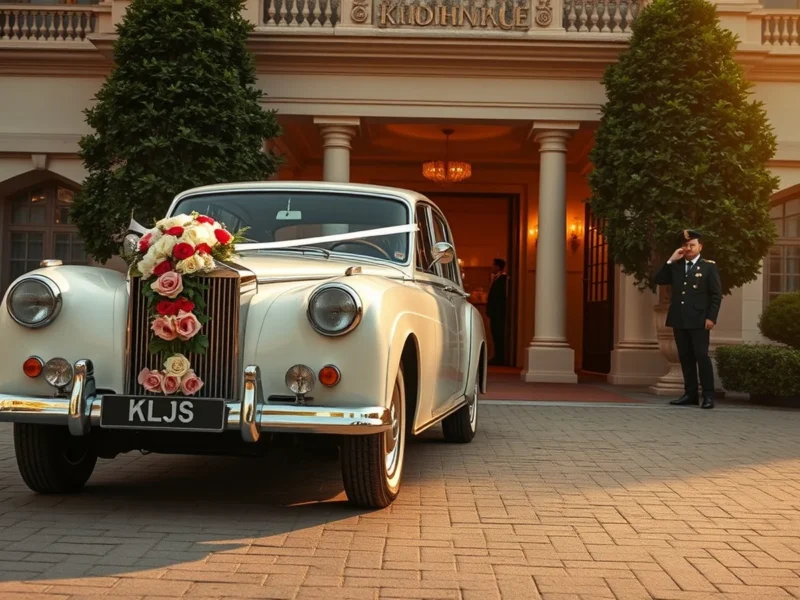 A decorated luxury white vintage bridal car at the entrance of a heritage palace hotel