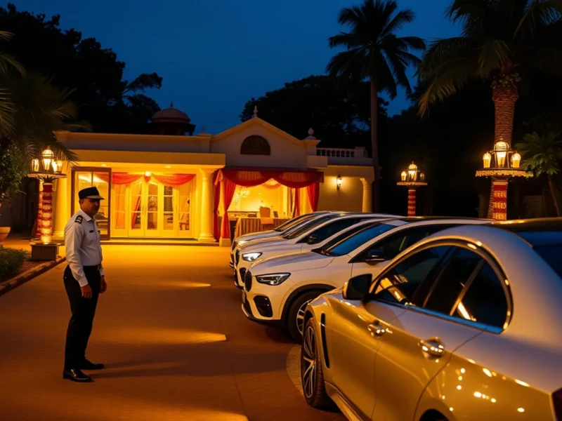 A valet attendant beside parked cars at a luxury Indian wedding venue at dusk