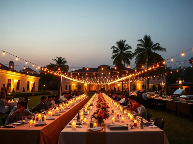 An outdoor Indian wedding welcome dinner on a hotel lawn at dusk with string lights