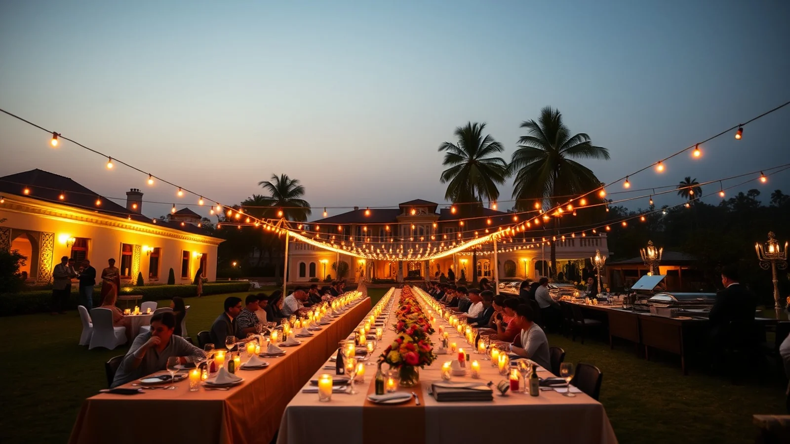 An outdoor Indian wedding welcome dinner on a hotel lawn at dusk with string lights
