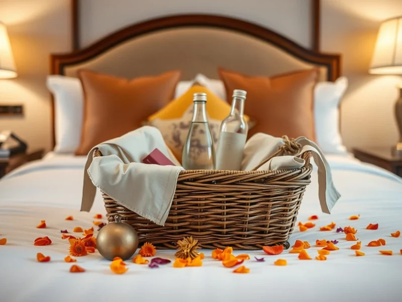 An Indian wedding welcome hamper basket with sweets, water and a card on a hotel bed