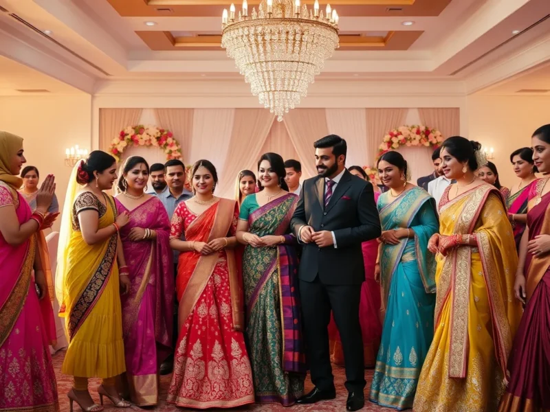 Elegantly dressed Indian wedding guests in lehengas, sarees and sherwanis at a decorated wedding venue