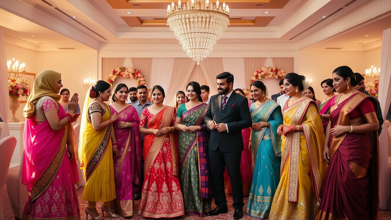 Elegantly dressed Indian wedding guests in lehengas, sarees and sherwanis at a decorated wedding venue