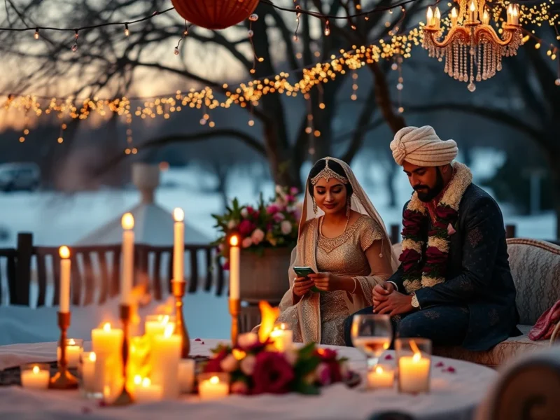 Cozy luxury Indian winter wedding at dusk with candles, a bonfire lounge, fairy lights and jewel-tone florals