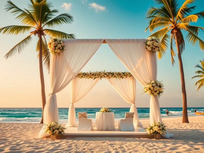 Beach wedding mandap on the white sand at The Zuri White Sands Goa in South Goa at golden hour