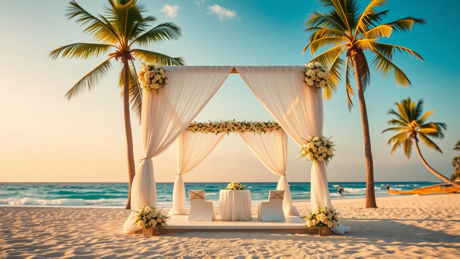 Beach wedding mandap on the white sand at The Zuri White Sands Goa in South Goa at golden hour