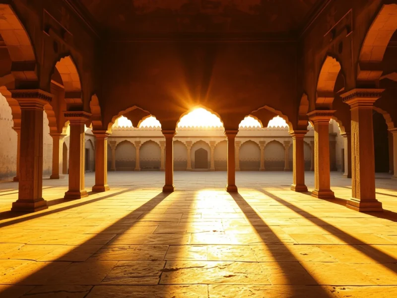 Sunlit stone arcade of a Rajasthan fort at golden hour, looking out through scalloped arches into an empty courtyard