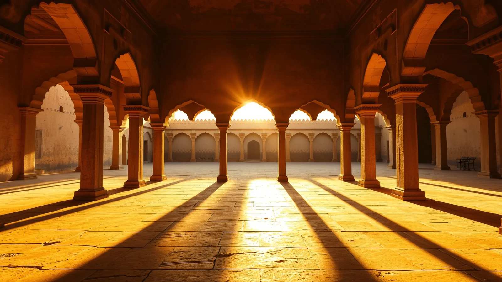 Sunlit stone arcade of a Rajasthan fort at golden hour, looking out through scalloped arches into an empty courtyard