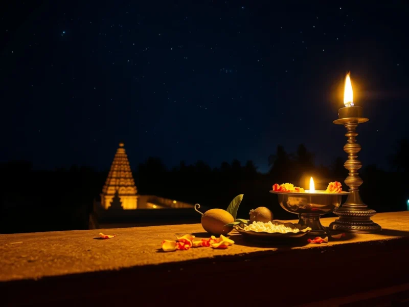 A lit brass lamp and offering thali on a terrace under a star-filled night sky beside a temple tower