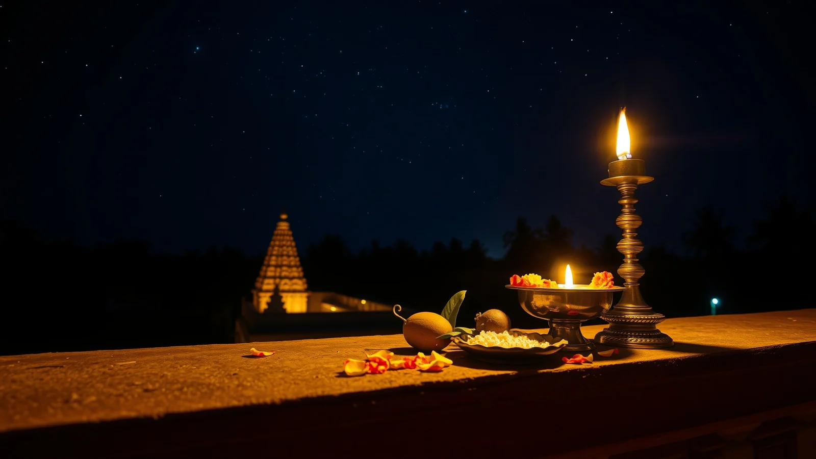 A lit brass lamp and offering thali on a terrace under a star-filled night sky beside a temple tower