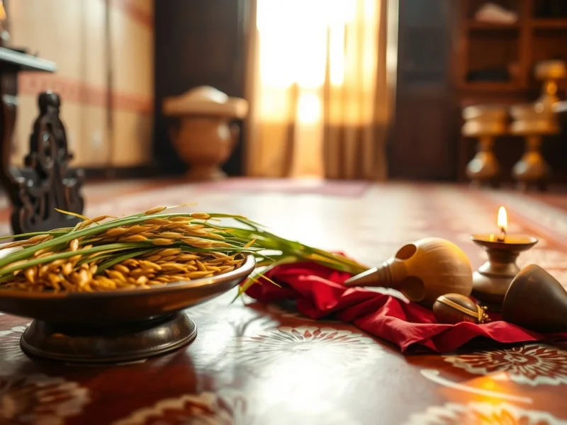 A Bengali piri seat on an alpona-patterned floor with paddy, durba grass and a clay lamp