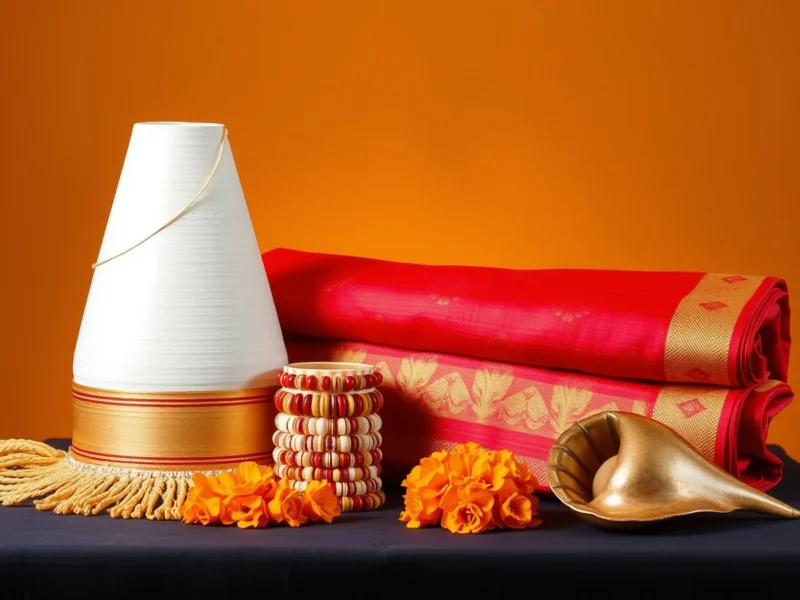 A Bengali topor headdress, red Benarasi saree, shakha pola bangles and a brass conch