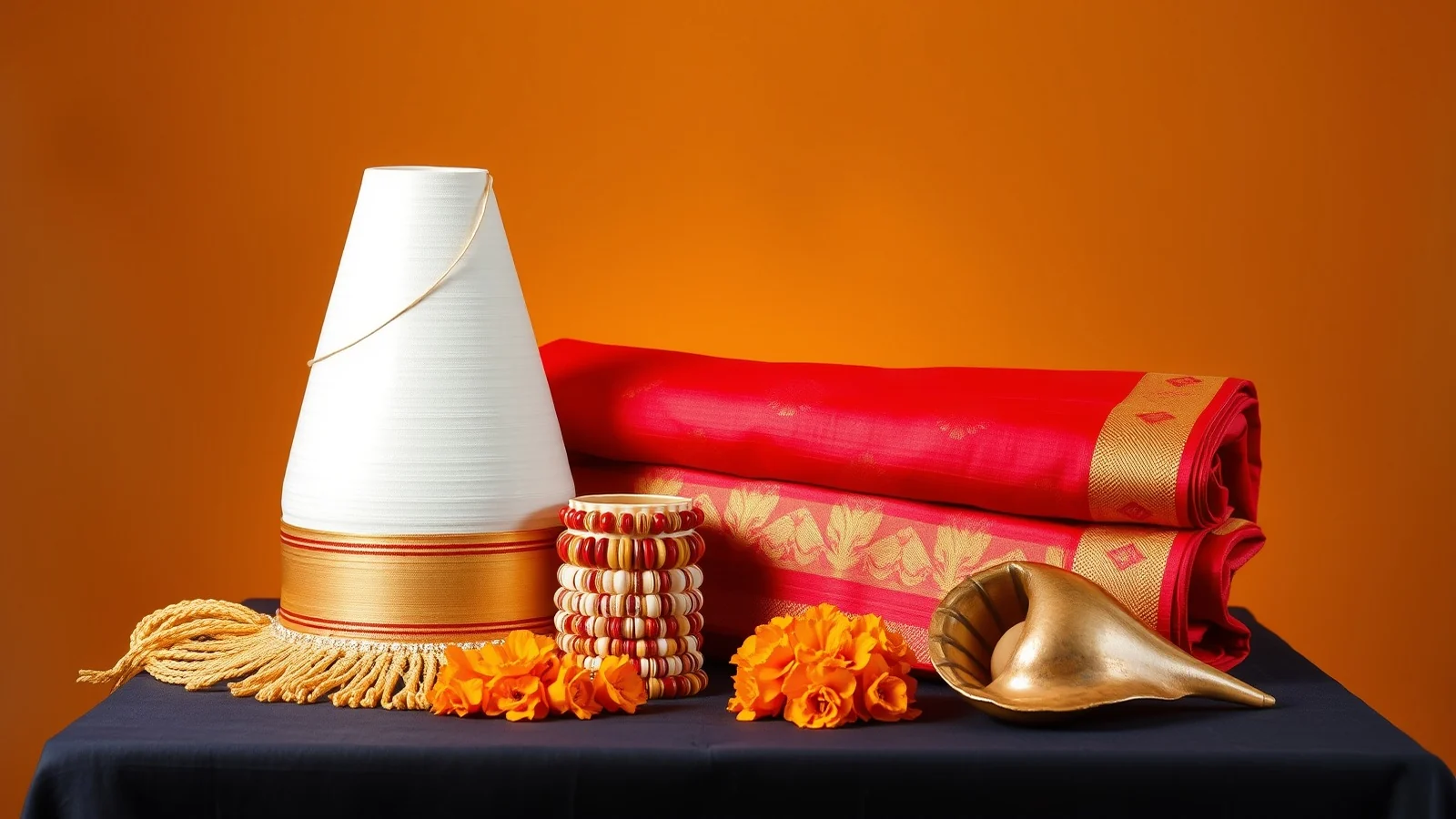 A Bengali topor headdress, red Benarasi saree, shakha pola bangles and a brass conch