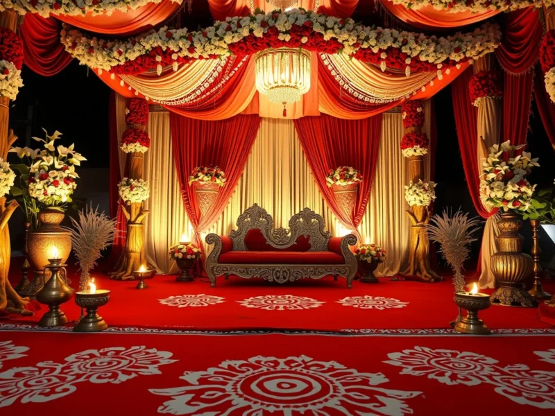 A Bengali wedding mandap with banana trunks, alpona patterns and clay lamps