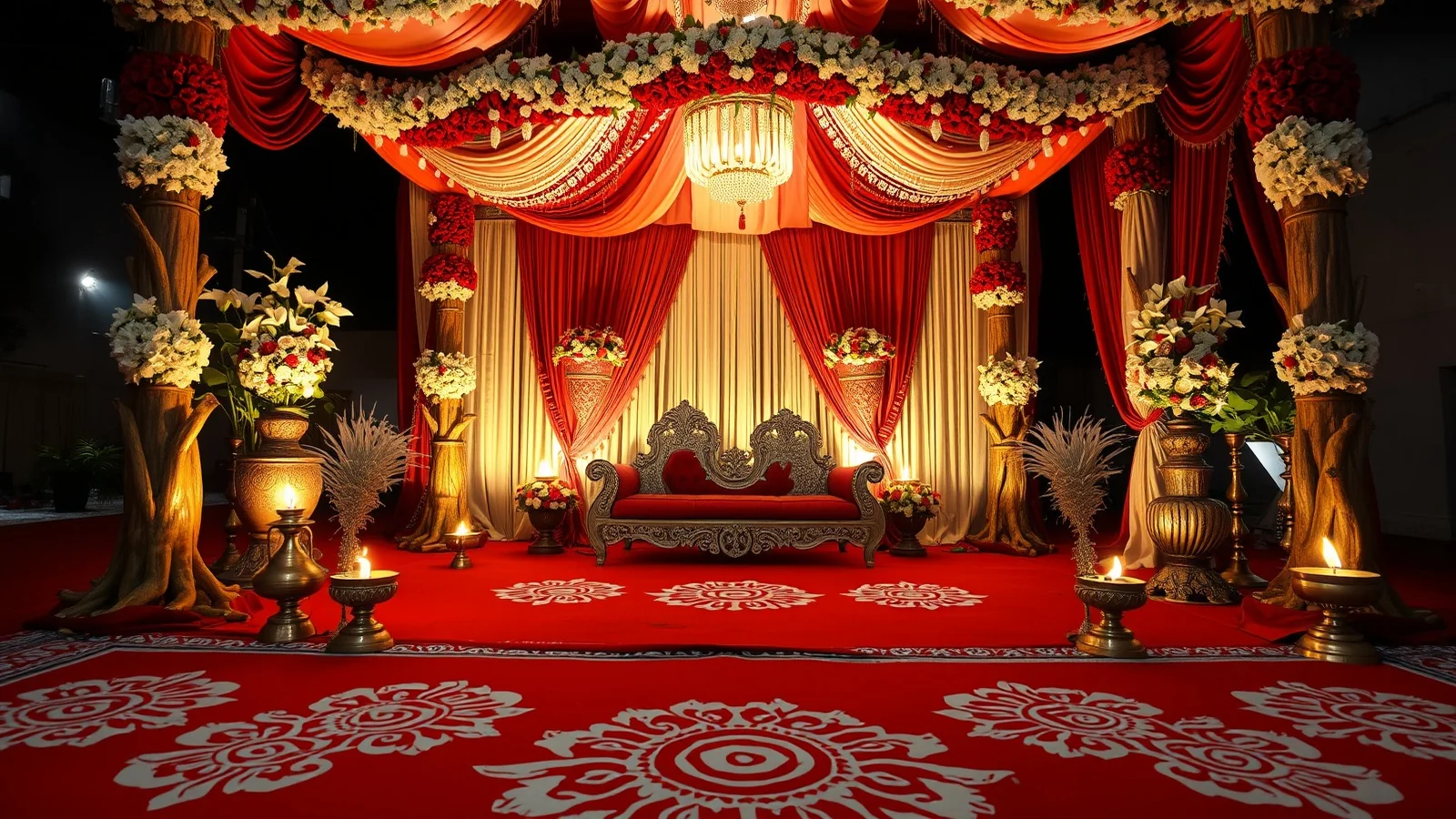 A Bengali wedding mandap with banana trunks, alpona patterns and clay lamps
