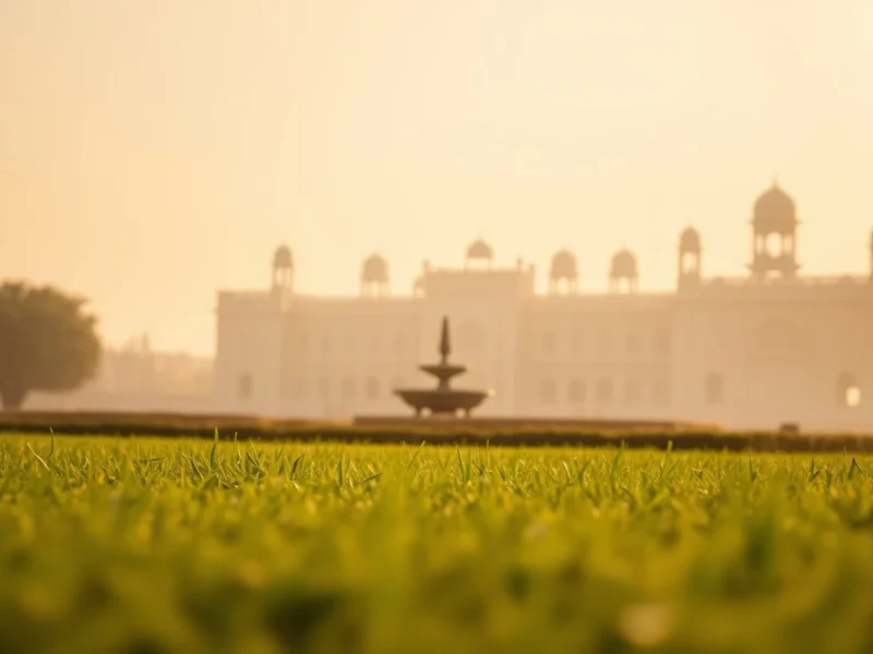 Rajasthan palace hotel seen across a wide lawn at golden hour, the building a soft silhouette behind an ornamental stone fountain