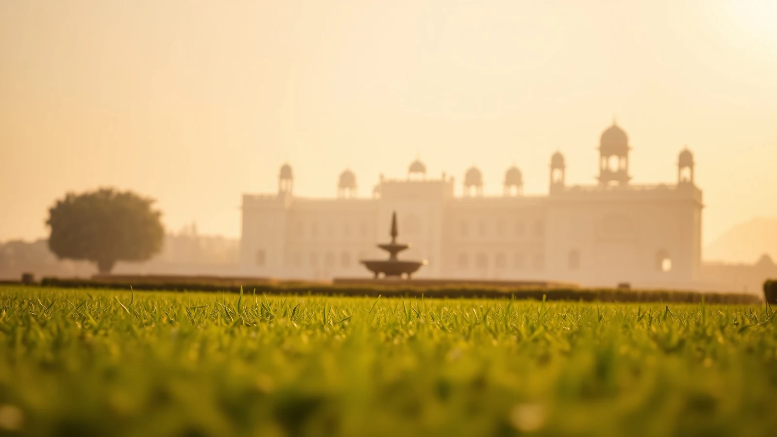 Rajasthan palace hotel seen across a wide lawn at golden hour, the building a soft silhouette behind an ornamental stone fountain