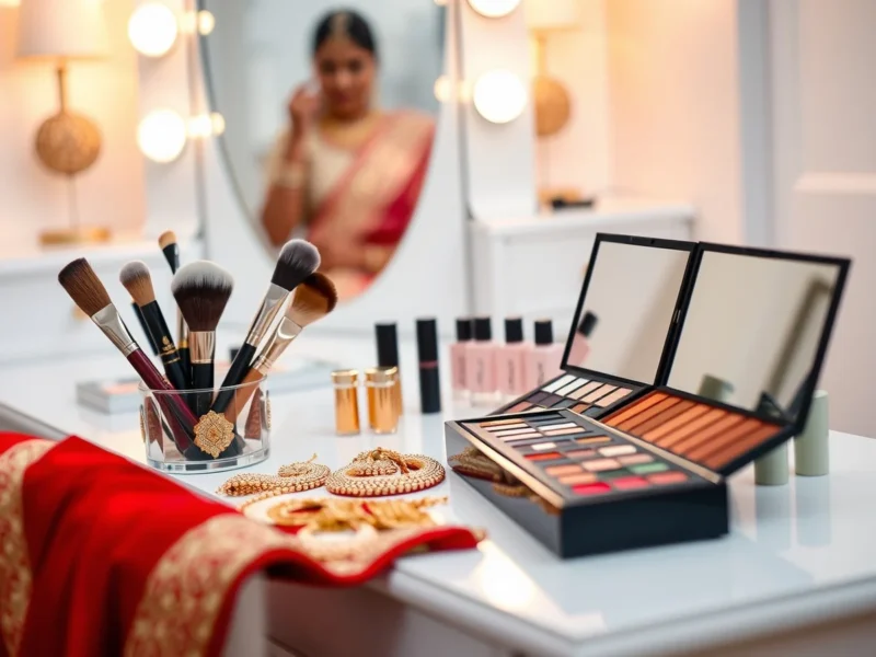 A bridal vanity table with professional makeup brushes, palettes and gold jewellery