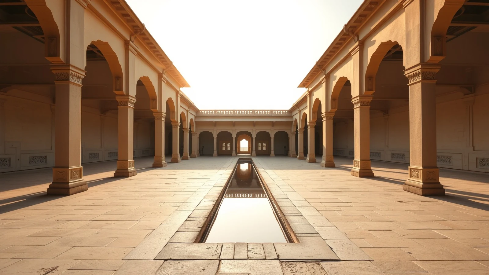 Empty arcaded courtyard of an Indian heritage palace at golden hour, with a still water channel running down the centre of the bare stone floor