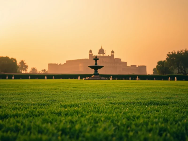 Wide empty lawn before a Rajasthan hilltop fort at golden hour, with an ornamental stone fountain and the fort soft in golden haze