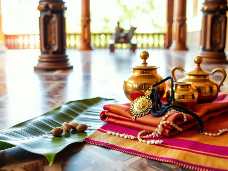 Polished brass vessels and a gold thali pendant on a Kandangi silk sari over Athangudi tiles