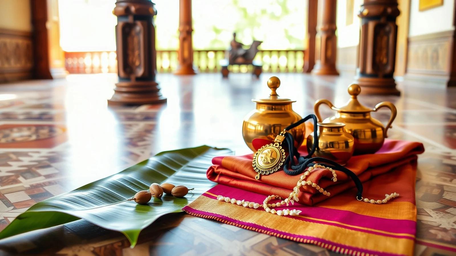 Polished brass vessels and a gold thali pendant on a Kandangi silk sari over Athangudi tiles