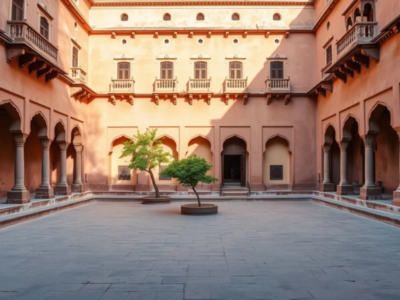 Empty inner courtyard of an 18th century Rajput sandstone palace in Rajasthan, with scalloped arches and two small trees