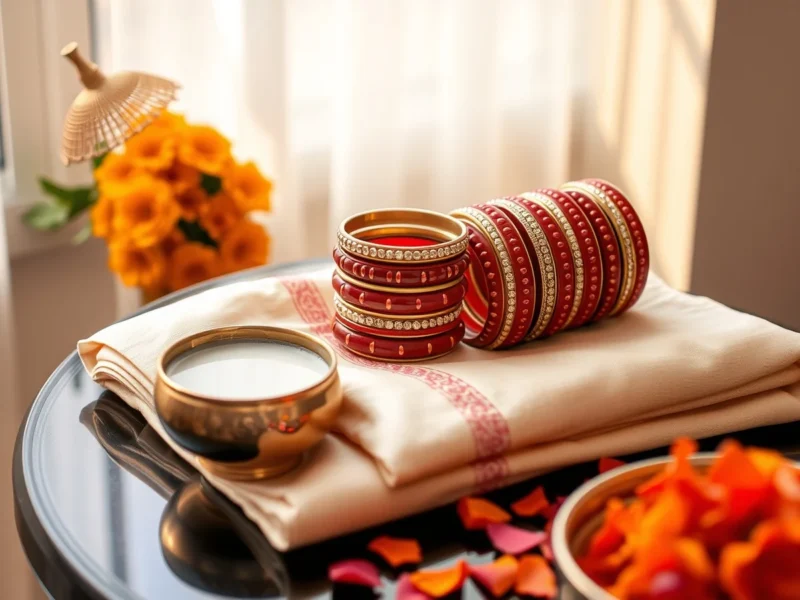 A Punjabi bride's red and ivory chooda bangles with golden kalire hanging from them
