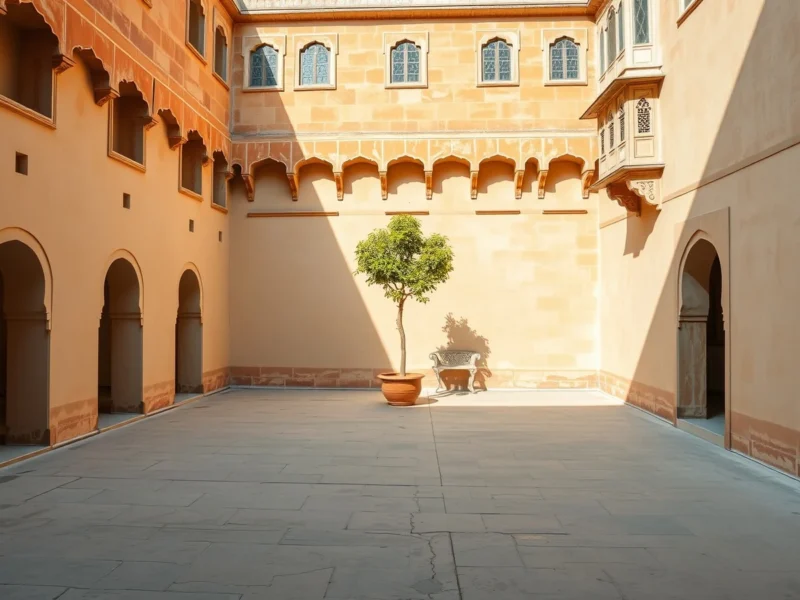 Empty inner courtyard of a heritage stone hotel in Udaipur, with scalloped arches, jharokha balconies and late afternoon light across the stonework