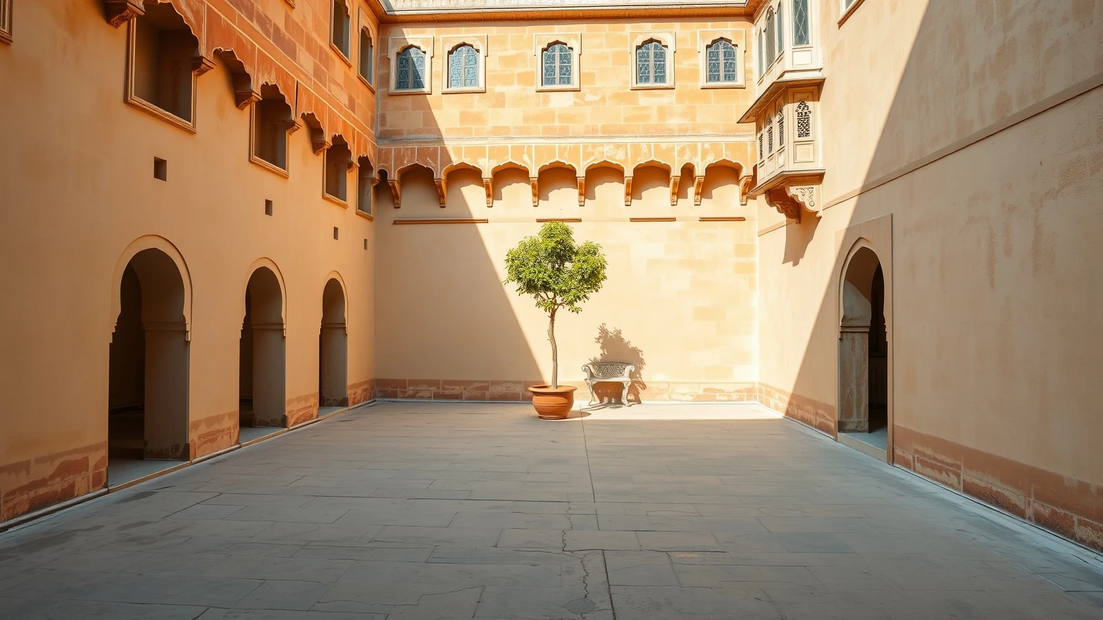 Empty inner courtyard of a heritage stone hotel in Udaipur, with scalloped arches, jharokha balconies and late afternoon light across the stonework