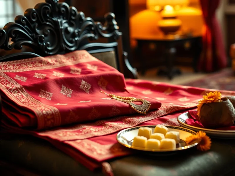 A folded red gold-bordered chunni on a carved seat with a jewellery tray and sweets