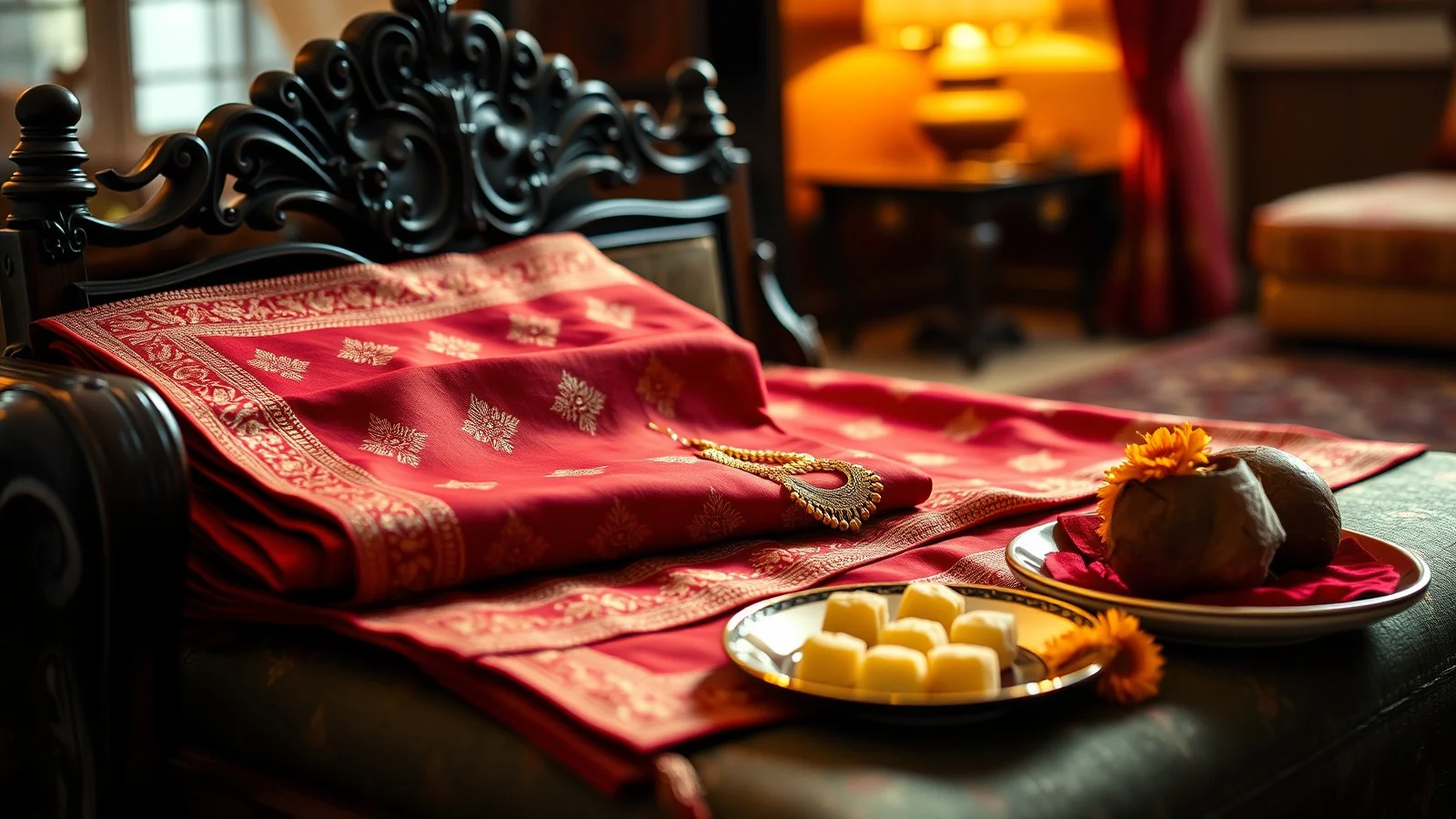 A folded red gold-bordered chunni on a carved seat with a jewellery tray and sweets
