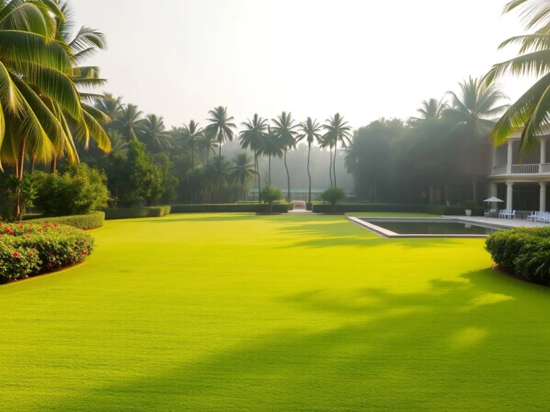 Lush green landscaped lawn of a South Indian resort in soft afternoon light with tall coconut palms and a reflecting pool