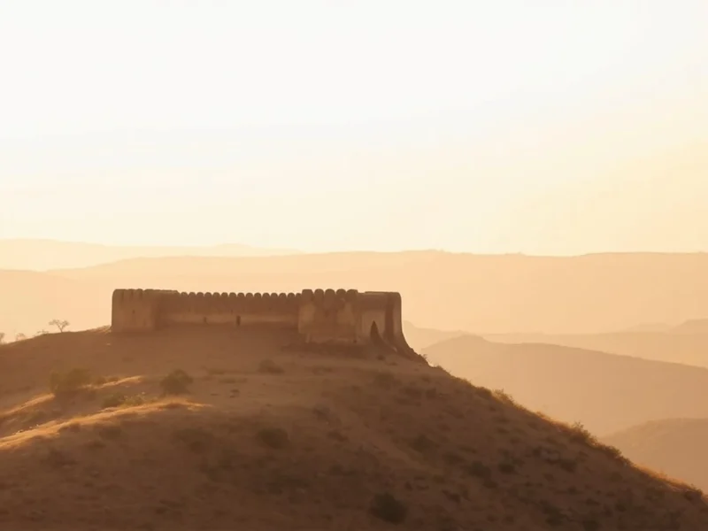 Ancient stone hill fort in Rajasthan at golden hour on a rocky ridge above a hazy valley