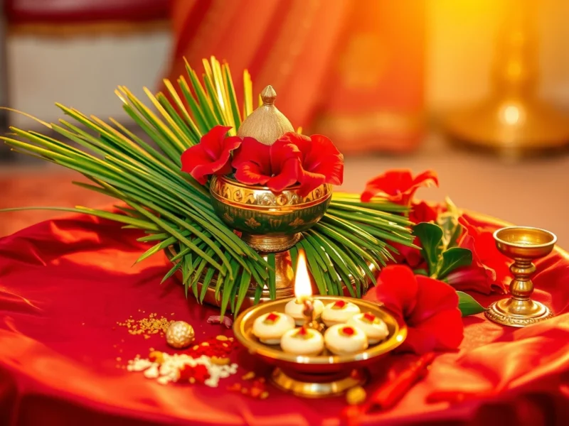A brass kalash with coconut and mango leaves, durva grass, hibiscus and a plate of modak