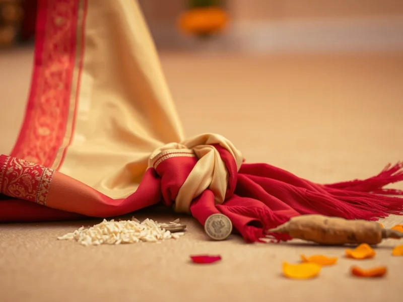 A red dupatta knotted to a cream stole with rice, coins and a turmeric root beside it