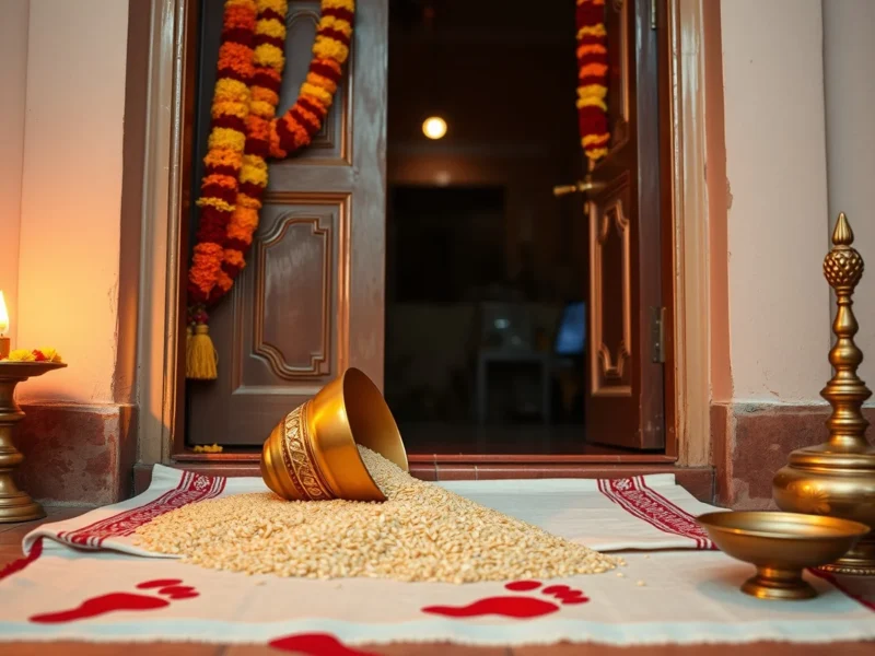 A brass rice kalash tipped over at a marigold-decorated Indian doorway with alta footprints
