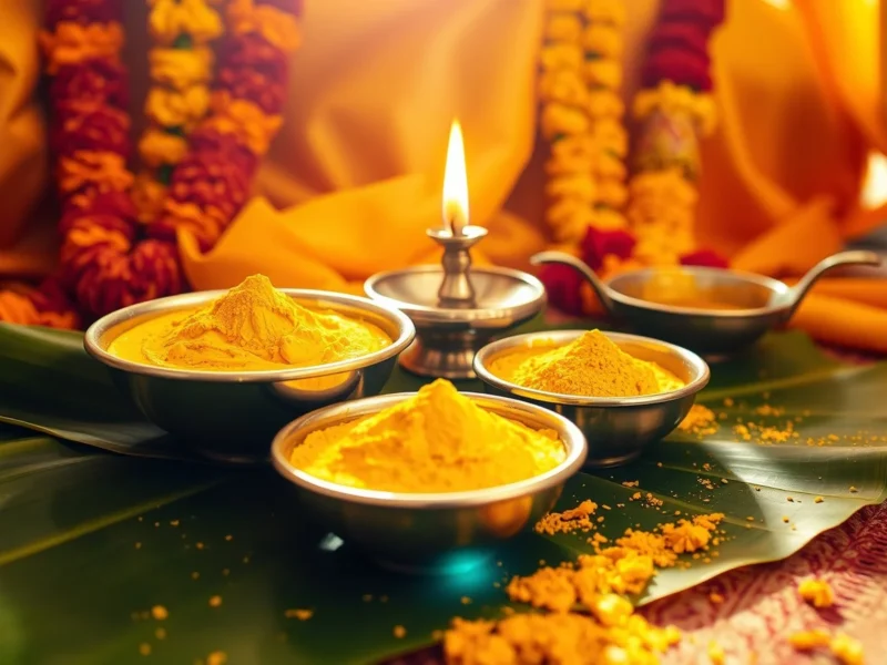 Brass bowls of yellow turmeric haldi paste on a banana leaf with marigolds and a lamp
