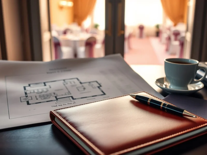 A venue floor plan, notebook and pen on a planner's desk beside a banquet hall