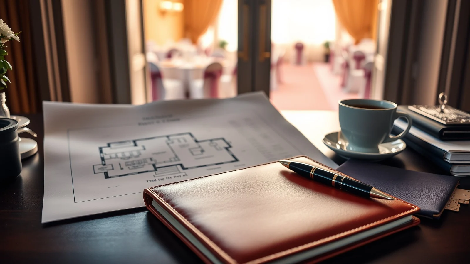 A venue floor plan, notebook and pen on a planner's desk beside a banquet hall