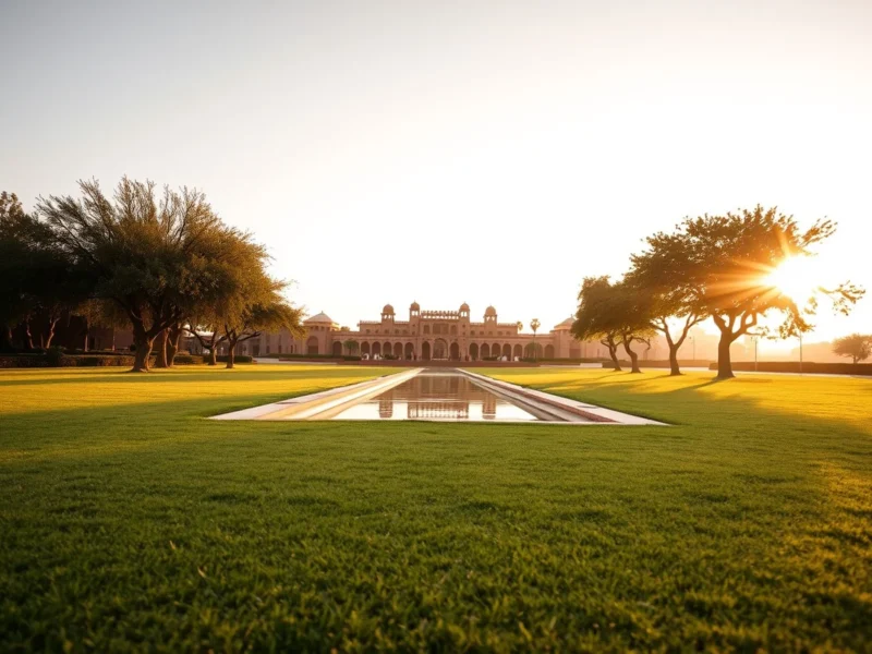 Broad manicured lawn of a sandstone resort near Jodhpur at golden hour with an ornamental water channel and the palace soft in haze