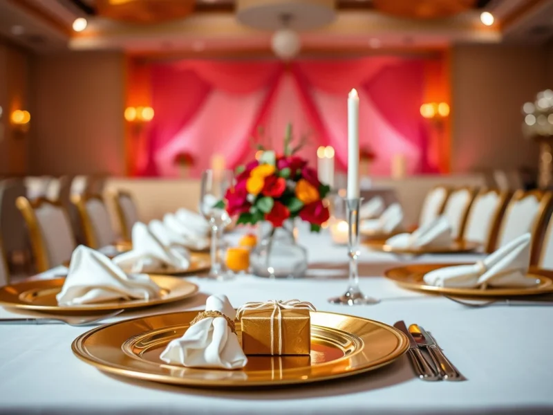 An Indian wedding banquet table set with gold chargers, favour boxes and flowers