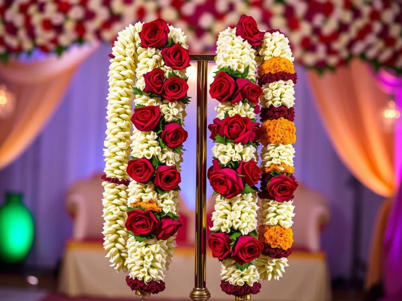 Two fresh rose and jasmine wedding garlands displayed on a silver stand