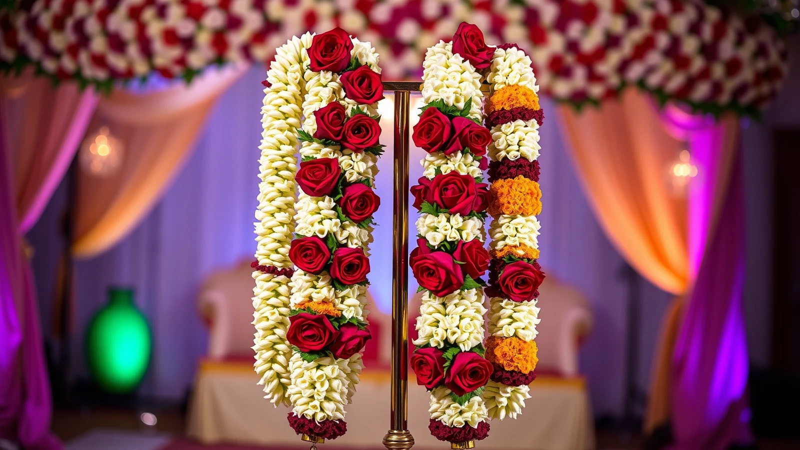Two fresh rose and jasmine wedding garlands displayed on a silver stand