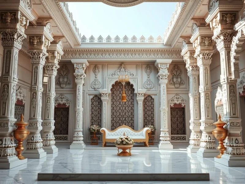 A white marble wedding mandap with carved pillars in Jain temple architectural style