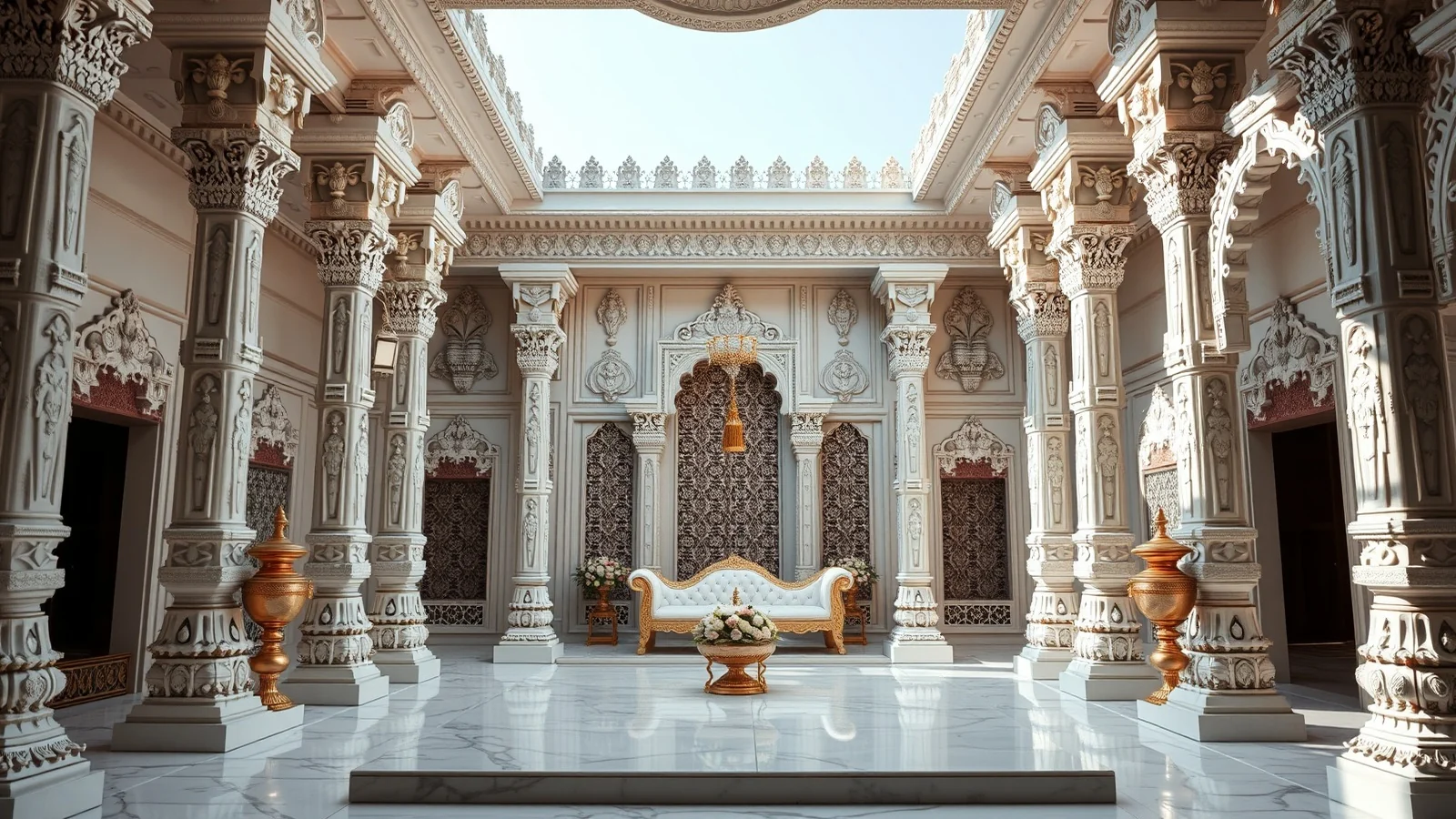 A white marble wedding mandap with carved pillars in Jain temple architectural style